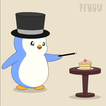 a penguin in a top hat is holding a wand over a chicken on a table