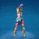 a girl with red and green hair is dancing with her hands in the air