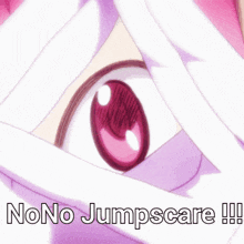a girl with pink hair and white gloves is covering her face with her hands and the words " no no jumpscare !!! "