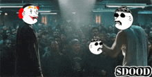 two cartoon characters standing in front of a crowd with the word sdood on the bottom right