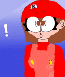 a cartoon character wearing a red hat with k on it