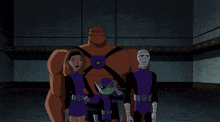 a group of cartoon characters are posing for a picture with one of them wearing a mask