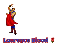 a cartoon of a man holding a red cloth with the words laurence blood below him