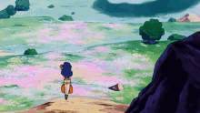 a cartoon drawing of a woman walking through a field of flowers