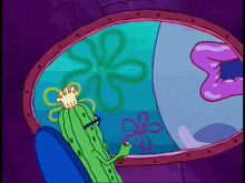 a cartoon character is looking out a window at spongebob and patrick