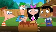 a group of cartoon characters from phineas and ferb are gathered around a pot