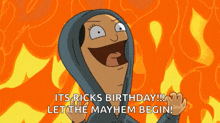 a cartoon character from bob 's burgers says it 's rick 's birthday !
