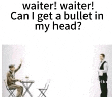 a waiter talking to a man sitting at a table