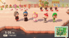 a screenshot of animal crossing new horizons shows the time as 5:05 pm on monday february 1
