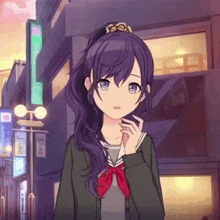 a girl with purple hair and blue eyes is standing in front of a building in a video game .