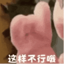 a pink stuffed animal is giving a thumbs up in chinese .