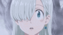 a close up of a girl 's face with white hair and blue earrings