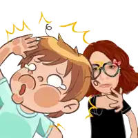 a cartoon of a woman pointing at a boy with a surprised look on his face