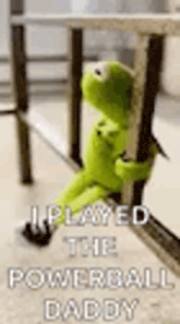 kermit the frog is sitting on a chair holding onto a table and saying `` i played the powerball daddy '' .