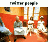 a man in a hospital gown sits in a waiting room with twitter people written above him