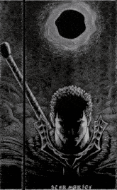 a black and white drawing of a man holding a sword with the word scragric on the bottom right corner