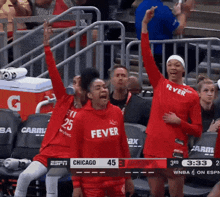 a group of female basketball players wearing red shirts that say fever on them