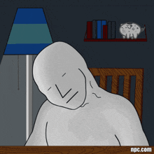 a cartoon of a man sleeping at a desk with npc.com in the corner
