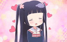 a girl with pigtails and a flower in her hair is surrounded by hearts