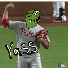 a cartoon of a phillies baseball player with a green face