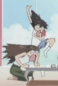 a cartoon of a woman kneeling down next to a boy