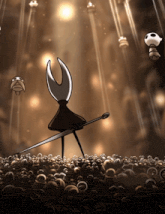 a cartoon drawing of a person holding a sword in front of a crowd