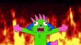 a cartoon cat with a lightning bolt on its chest stands in front of flames
