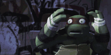 a cartoon of a turtle with its mouth open and a red j on its arm