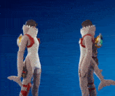a man in a shark suit is standing next to another man