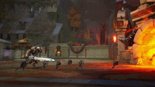 a video game is being played with a large fire coming out of a hole in a wall
