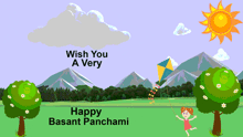 a cartoon of a girl flying a kite with the words wish you a very happy basant panchami below her