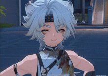 a screenshot of a video game shows a character with a white hair