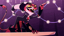 a cartoon character is sitting on a table and pointing at the camera