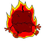 a pixel art drawing of a burning apple with flames around it