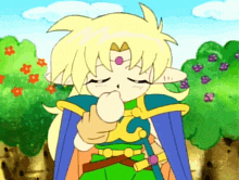 a cartoon character with blonde hair and green pants is pointing at the camera