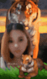 a painting of a woman with a tiger on her head and a smaller tiger