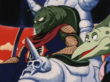 a cartoon drawing of a monster with a horn and a skull on his back