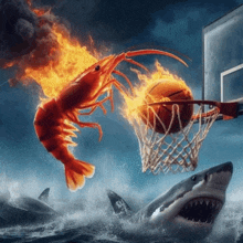a flaming shrimp is playing basketball with sharks