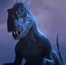 a close up of a dinosaur with sharp teeth and a spiky head .