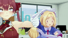 two anime girls are standing next to each other in a room with a window and a sign that says n on it