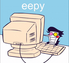 a cartoon character is typing on a keyboard next to a computer monitor with the word eepy written on it