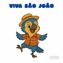 a cartoon parrot wearing a plaid shirt and straw hat with the words viva sao joao below it