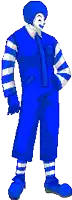 a pixel art of mcdonald 's clown in blue and white striped overalls