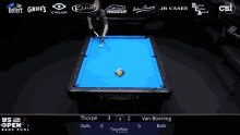 a pool table with a blue cloth and a man holding a cue