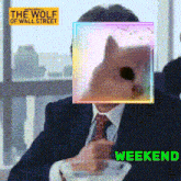 a poster for the wolf of wall street with a man in a suit