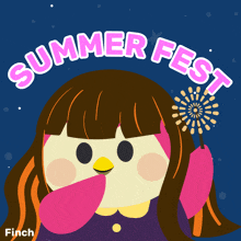 an illustration of a girl with fireworks and the words summer fest on the top