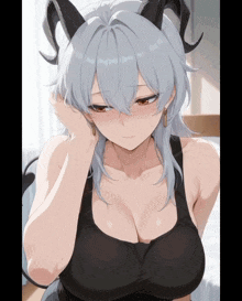 a woman with white hair and horns is wearing a black bra