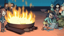 a group of cartoon characters standing around a fire