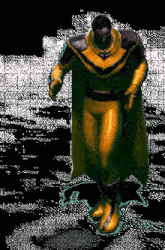 a pixelated image of a man in a yellow and black costume