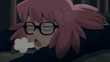 a cartoon girl with pink hair and glasses is laying down